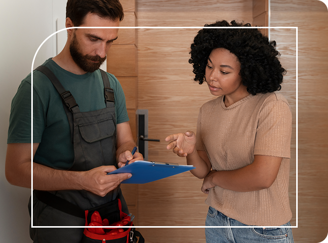 Tradesperson and customer reviewing an invoice